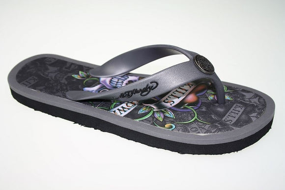 Women's Silver Ed Hardy Black Grey Love Kills Slowly Skull Tattoo Flip Flops